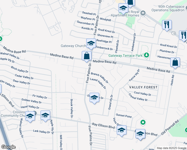 map of restaurants, bars, coffee shops, grocery stores, and more near 5863 Branch Valley Drive in San Antonio