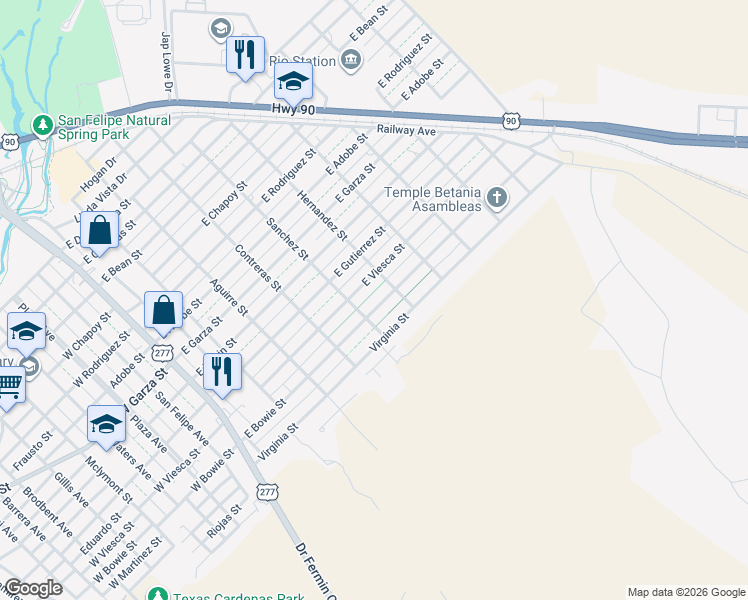 map of restaurants, bars, coffee shops, grocery stores, and more near 507-509 E Viesca St in Del Rio