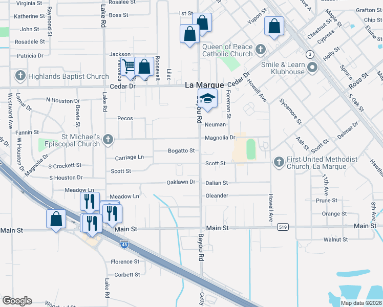 map of restaurants, bars, coffee shops, grocery stores, and more near 1914 Bogatto Street in La Marque