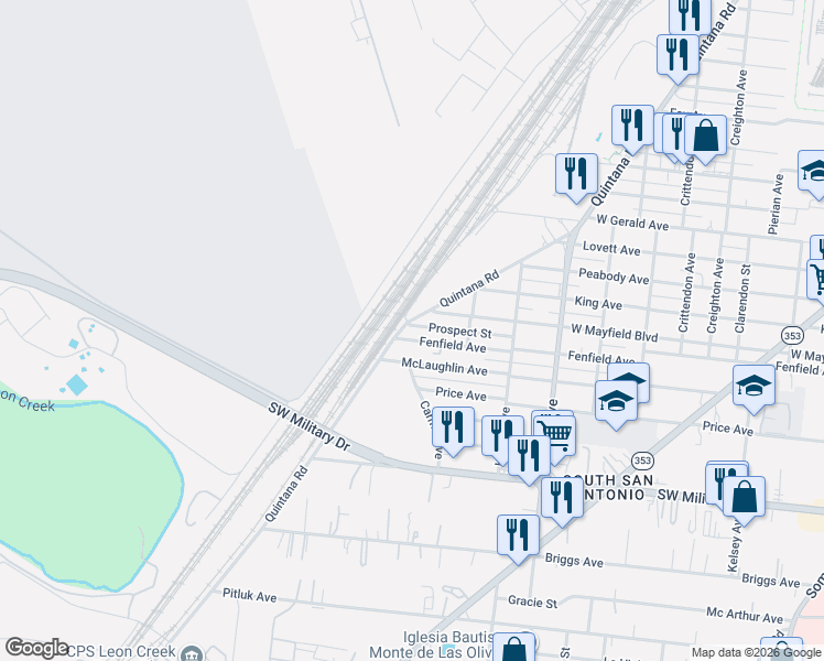 map of restaurants, bars, coffee shops, grocery stores, and more near 2654 Quintana Road in San Antonio