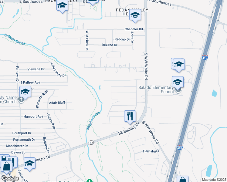 map of restaurants, bars, coffee shops, grocery stores, and more near 3615 South WW White Road in San Antonio