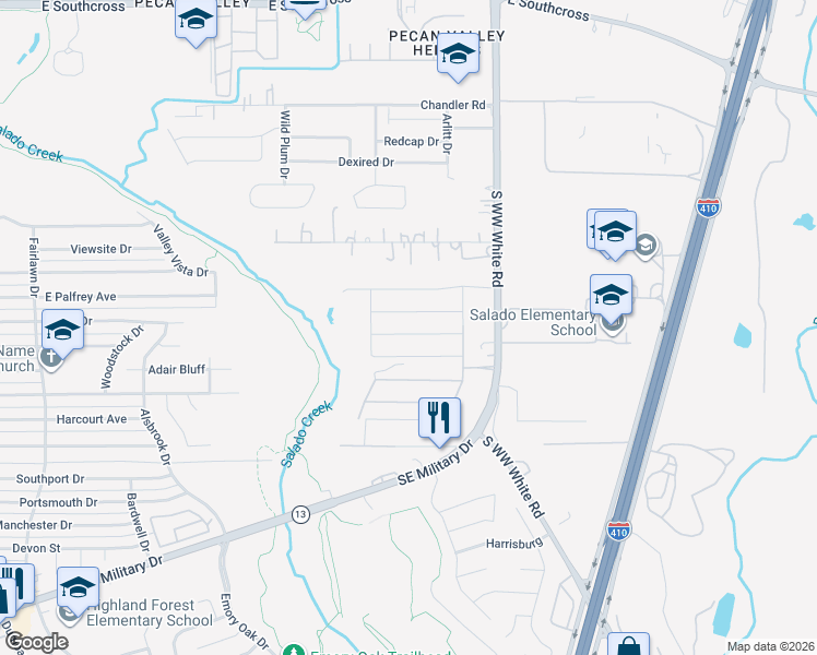 map of restaurants, bars, coffee shops, grocery stores, and more near 3500 South WW White Road in San Antonio
