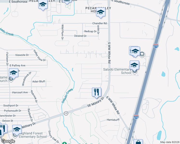map of restaurants, bars, coffee shops, grocery stores, and more near 3500 South WW White Road in San Antonio