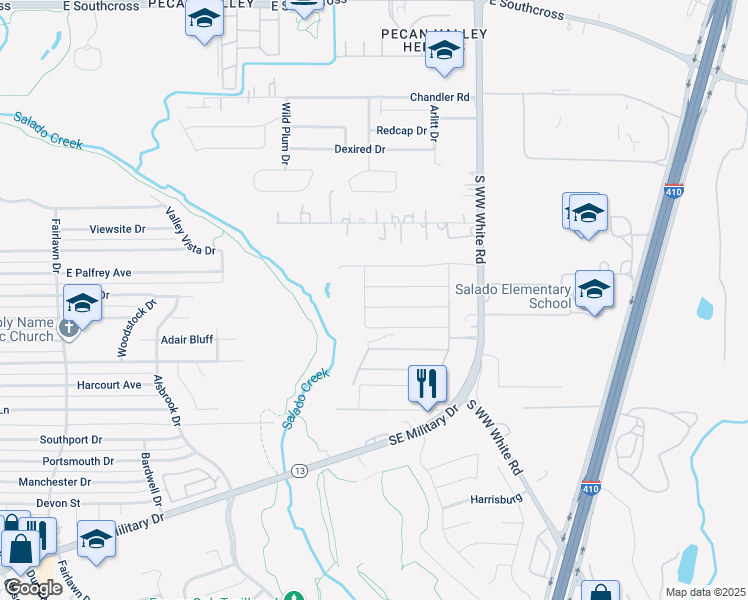 map of restaurants, bars, coffee shops, grocery stores, and more near 3615 South WW White Road in San Antonio