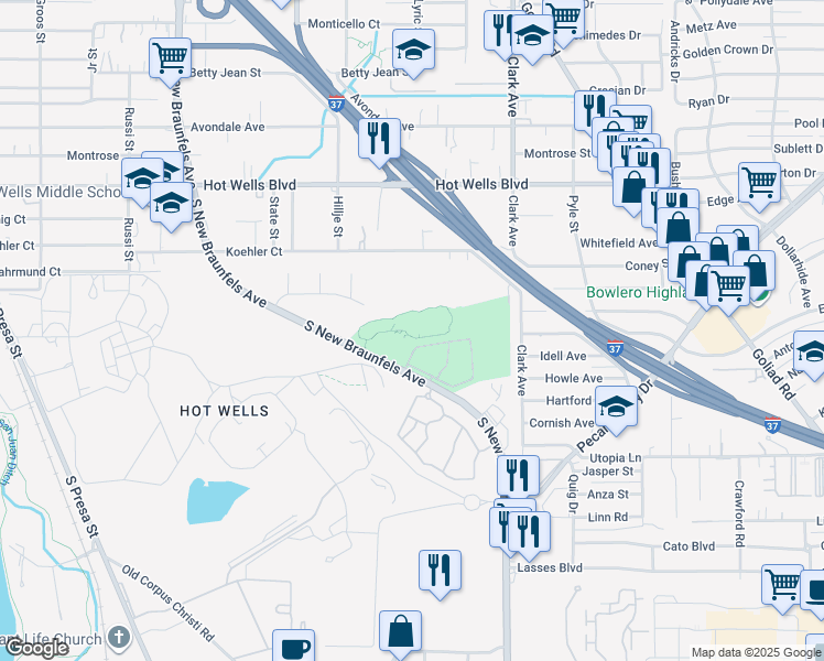 map of restaurants, bars, coffee shops, grocery stores, and more near 6200 South New Braunfels Avenue in San Antonio