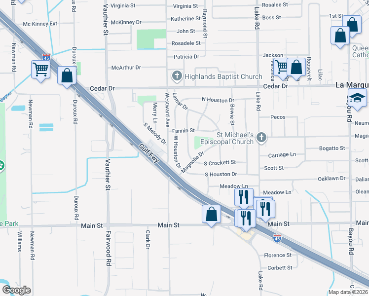 map of restaurants, bars, coffee shops, grocery stores, and more near 1602 West Crockett Street in La Marque