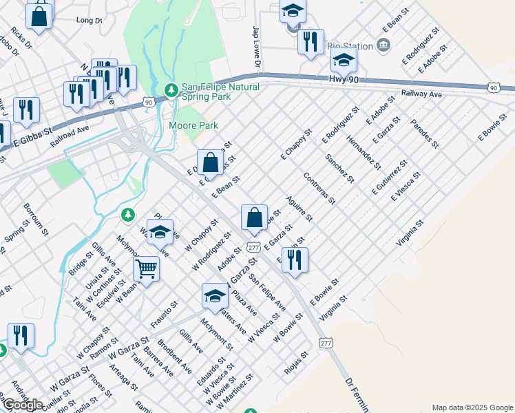map of restaurants, bars, coffee shops, grocery stores, and more near 499 Vitela St in Del Rio