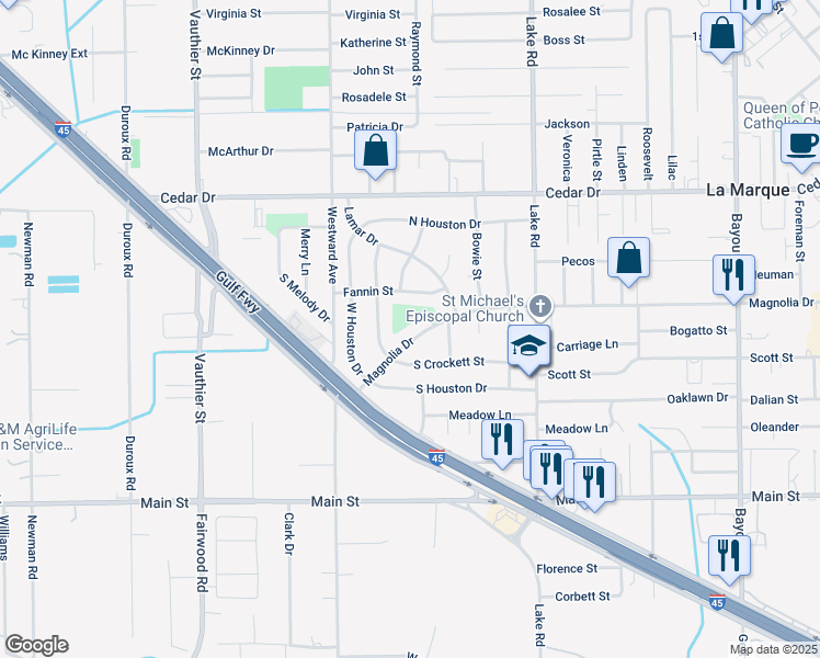map of restaurants, bars, coffee shops, grocery stores, and more near 2726 Magnolia Drive in La Marque