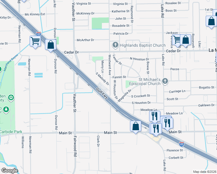 map of restaurants, bars, coffee shops, grocery stores, and more near 1600 Westward Avenue in La Marque