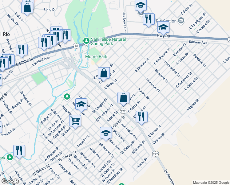 map of restaurants, bars, coffee shops, grocery stores, and more near 401-499 Vitela St in Del Rio