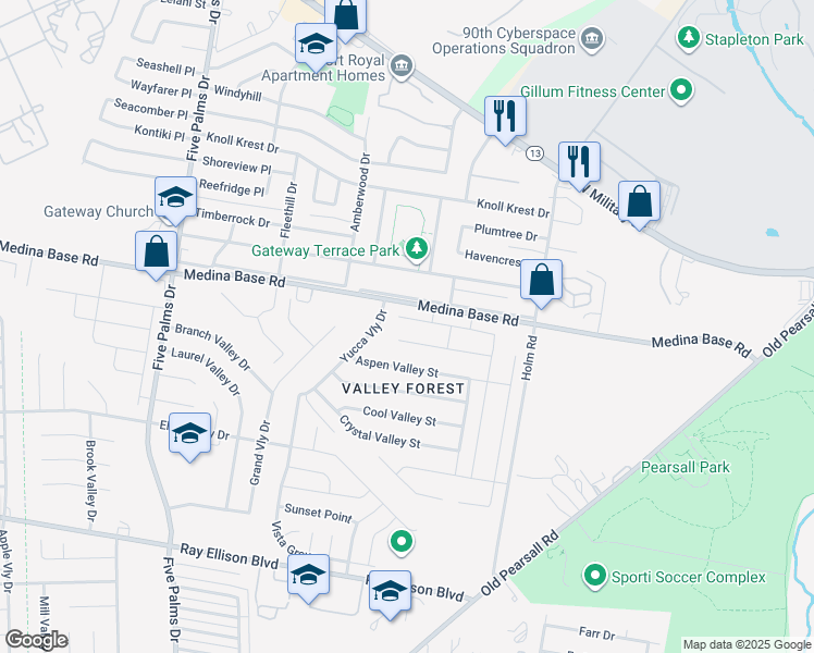 map of restaurants, bars, coffee shops, grocery stores, and more near 5547 Pearl Valley in San Antonio