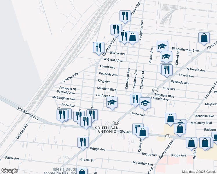 map of restaurants, bars, coffee shops, grocery stores, and more near 1629 West Mayfield Boulevard in San Antonio
