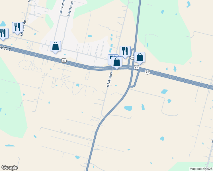 map of restaurants, bars, coffee shops, grocery stores, and more near 6145 Farm to Market Road 3465 in Adkins