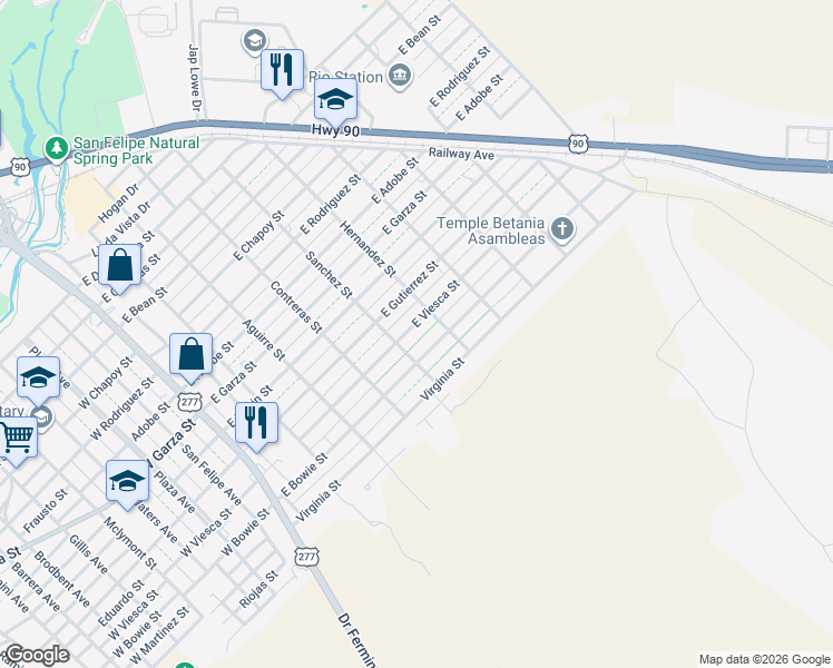 map of restaurants, bars, coffee shops, grocery stores, and more near 509 East Viesca Street in Del Rio