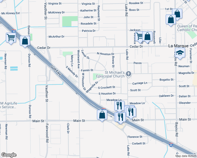 map of restaurants, bars, coffee shops, grocery stores, and more near 2726 Magnolia Drive in La Marque