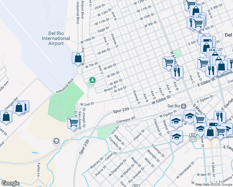 map of restaurants, bars, coffee shops, grocery stores, and more near 815 W 3rd St in Del Rio