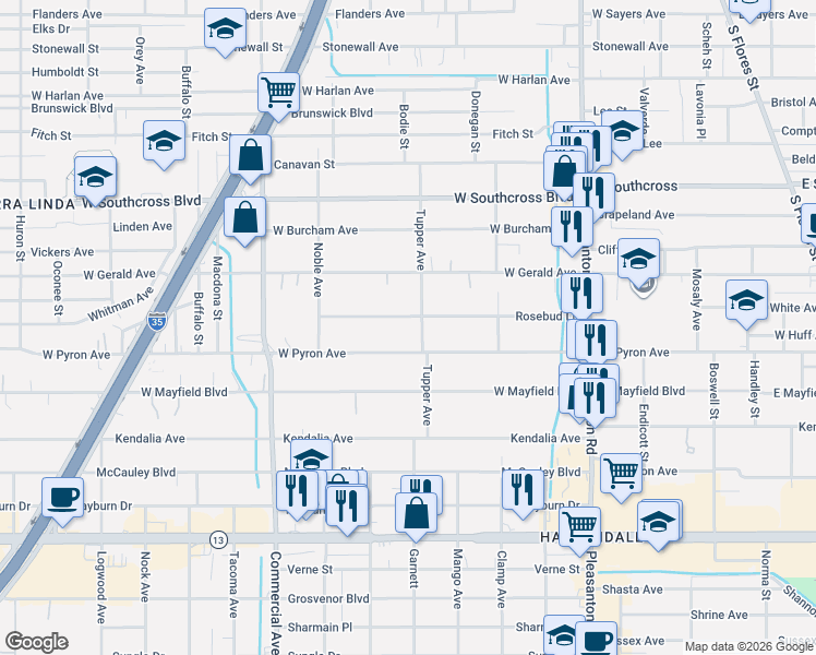 map of restaurants, bars, coffee shops, grocery stores, and more near 310 Rosebud Lane in San Antonio