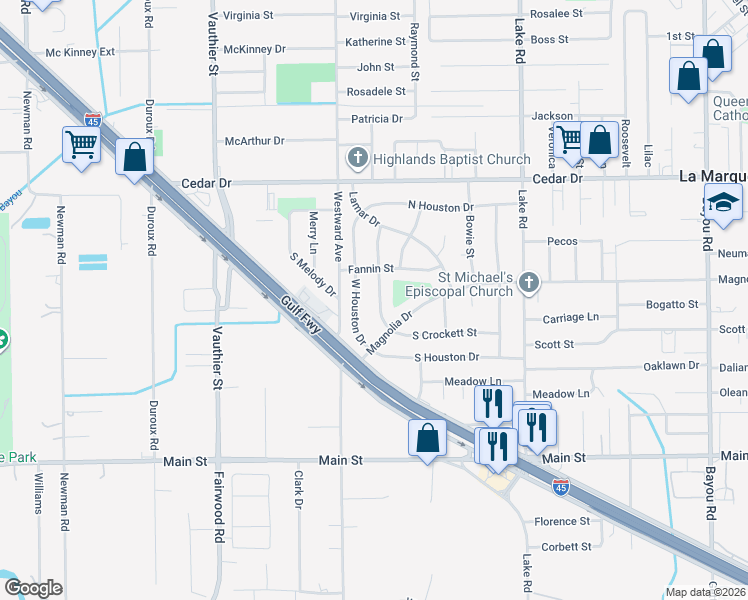 map of restaurants, bars, coffee shops, grocery stores, and more near 1602 West Crockett Street in La Marque