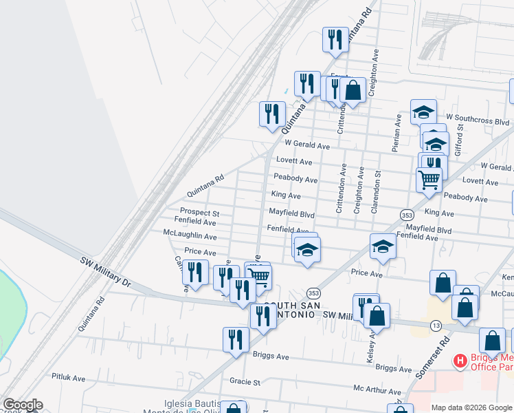 map of restaurants, bars, coffee shops, grocery stores, and more near 1807 West Mayfield Boulevard in San Antonio