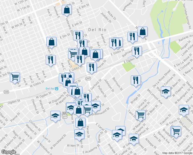 map of restaurants, bars, coffee shops, grocery stores, and more near 204 Texas Street in Del Rio