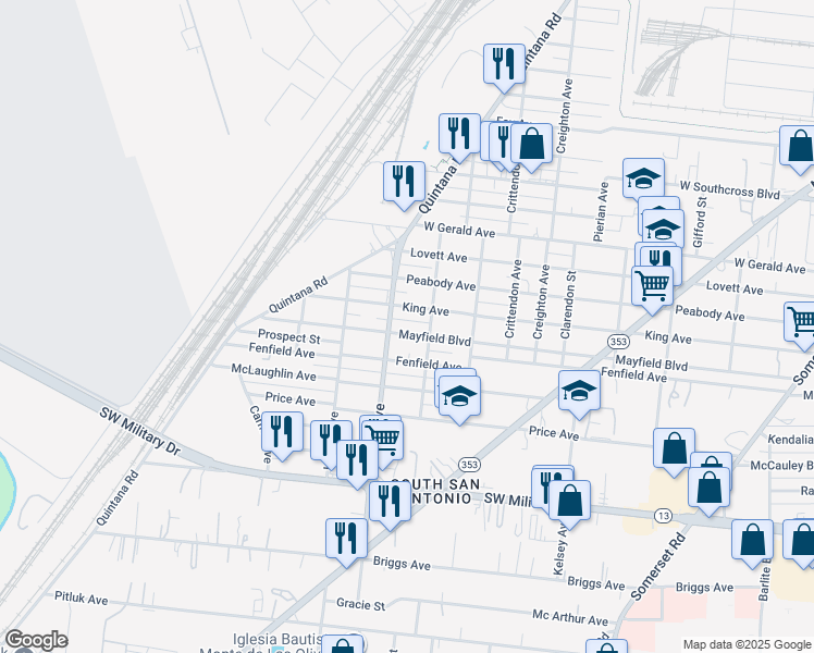 map of restaurants, bars, coffee shops, grocery stores, and more near 1723 West Mayfield Boulevard in San Antonio