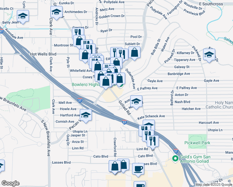 map of restaurants, bars, coffee shops, grocery stores, and more near 2122 Goliad Road in San Antonio