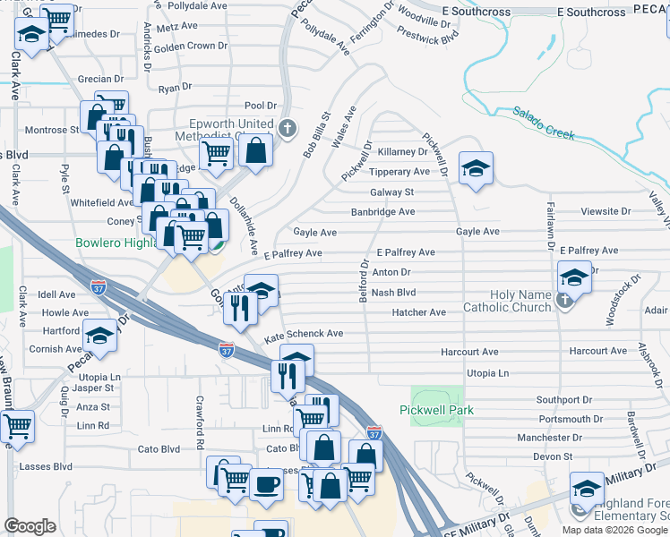 map of restaurants, bars, coffee shops, grocery stores, and more near 239 Anton Drive in San Antonio
