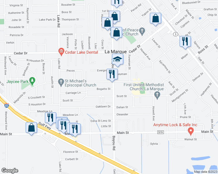 map of restaurants, bars, coffee shops, grocery stores, and more near 1912 Bogatto Street in La Marque