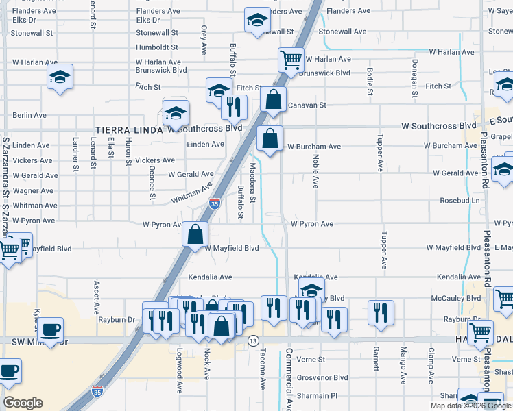 map of restaurants, bars, coffee shops, grocery stores, and more near 6318 Macdona Street in San Antonio