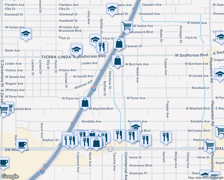 map of restaurants, bars, coffee shops, grocery stores, and more near 6318 Macdona Street in San Antonio