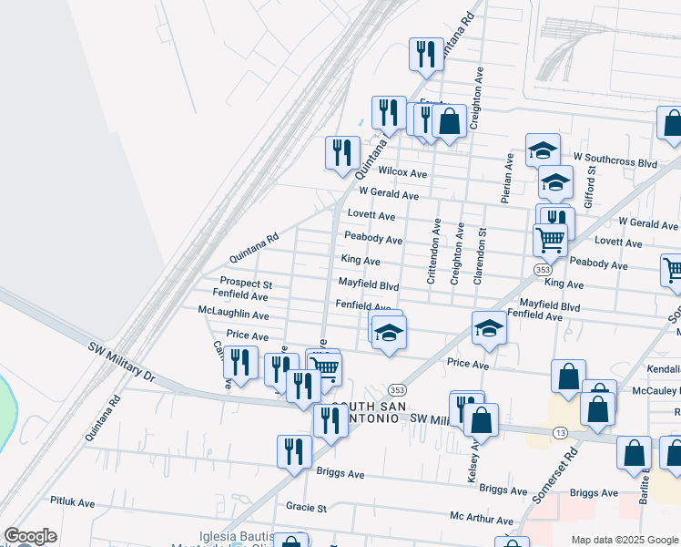 map of restaurants, bars, coffee shops, grocery stores, and more near in San Antonio