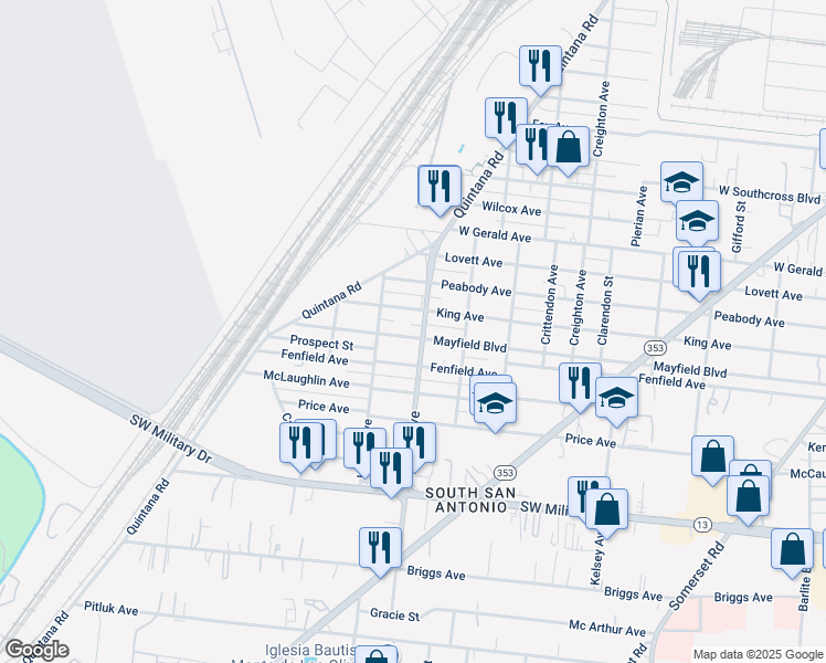 map of restaurants, bars, coffee shops, grocery stores, and more near 1819 West Mayfield Boulevard in San Antonio