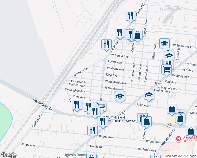 map of restaurants, bars, coffee shops, grocery stores, and more near 1819 West Mayfield Boulevard in San Antonio