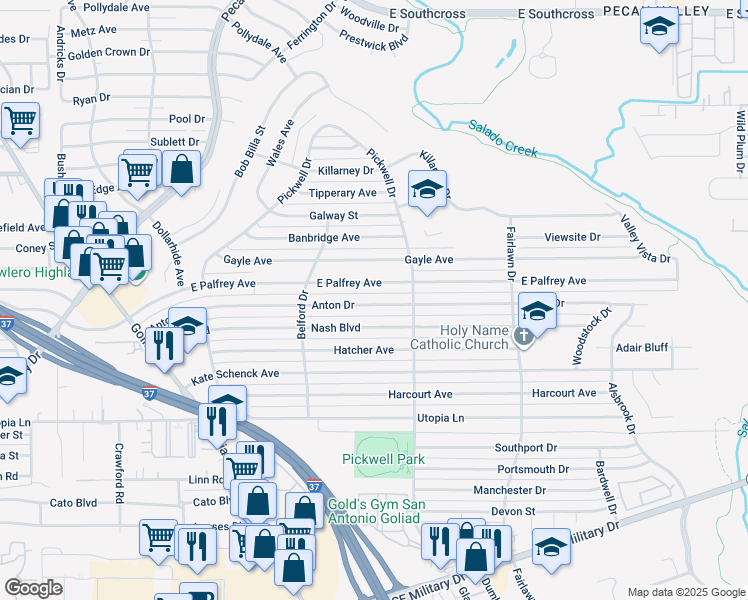 map of restaurants, bars, coffee shops, grocery stores, and more near 363 Anton Drive in San Antonio