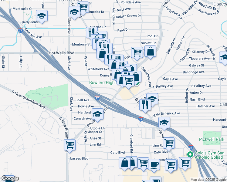 map of restaurants, bars, coffee shops, grocery stores, and more near 266 Coral Avenue in San Antonio