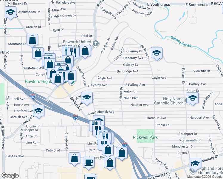 map of restaurants, bars, coffee shops, grocery stores, and more near 239 Anton Drive in San Antonio
