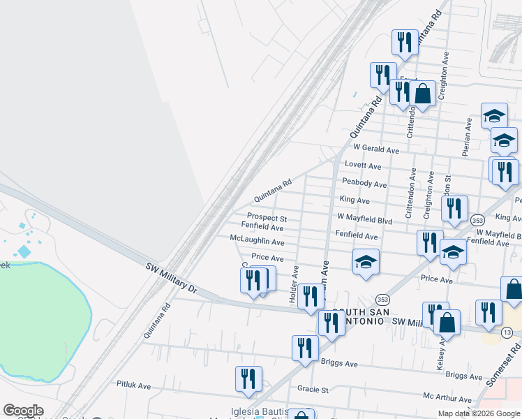 map of restaurants, bars, coffee shops, grocery stores, and more near 2006 West Mayfield Boulevard in San Antonio