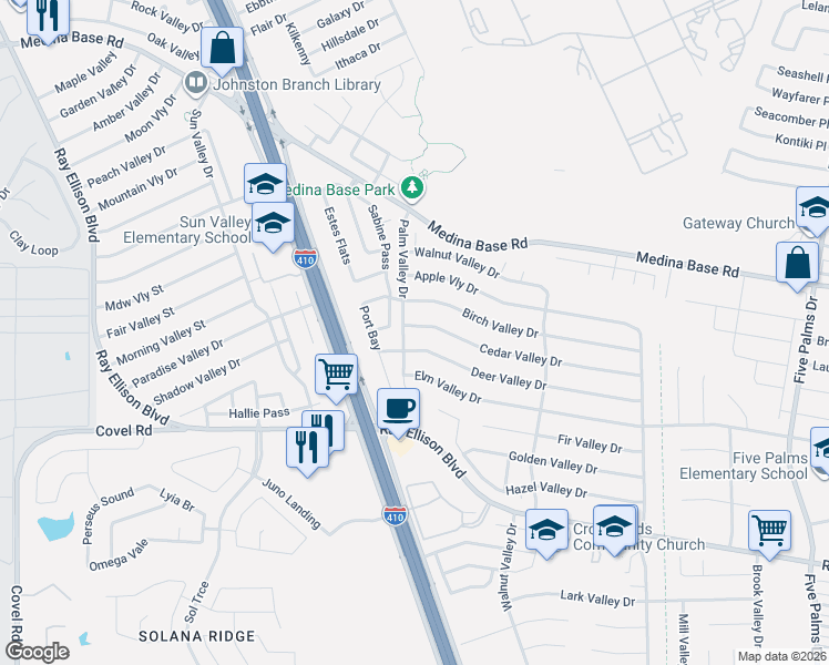 map of restaurants, bars, coffee shops, grocery stores, and more near 6294 Cedar Valley Drive in San Antonio