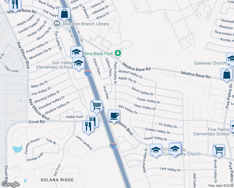 map of restaurants, bars, coffee shops, grocery stores, and more near 6294 Cedar Valley Drive in San Antonio
