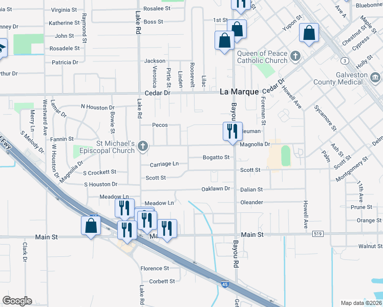 map of restaurants, bars, coffee shops, grocery stores, and more near 1609 Possum Trot Street in La Marque