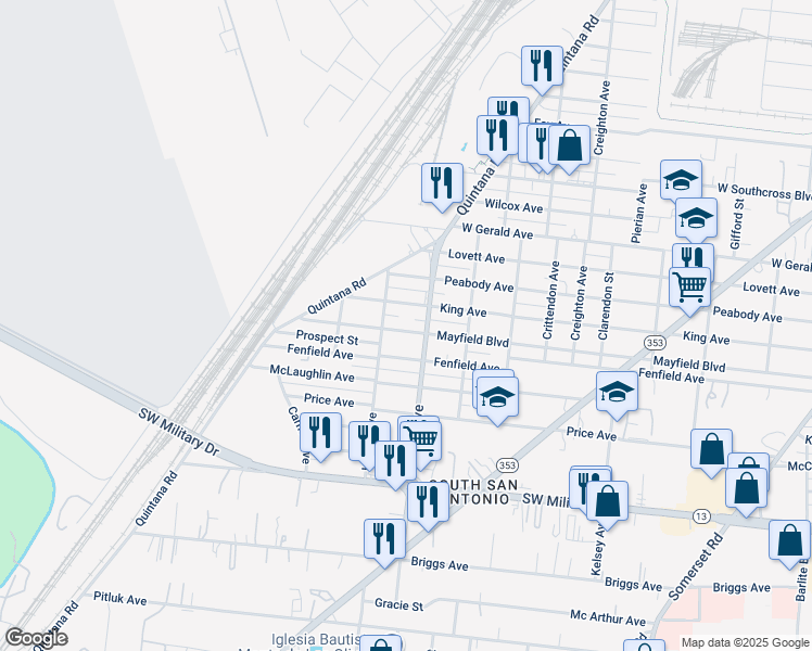 map of restaurants, bars, coffee shops, grocery stores, and more near 1819 West Mayfield Boulevard in San Antonio