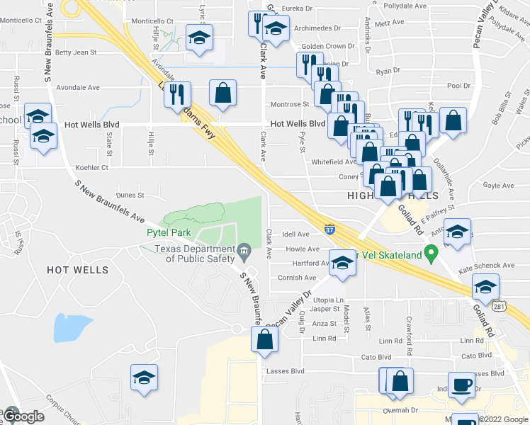 map of restaurants, bars, coffee shops, grocery stores, and more near 4907 Clark Ave in San Antonio