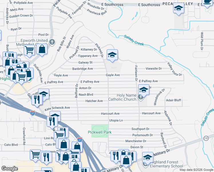 map of restaurants, bars, coffee shops, grocery stores, and more near 395 Anton Drive in San Antonio