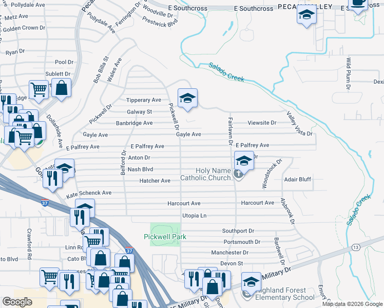 map of restaurants, bars, coffee shops, grocery stores, and more near 427 Anton Drive in San Antonio