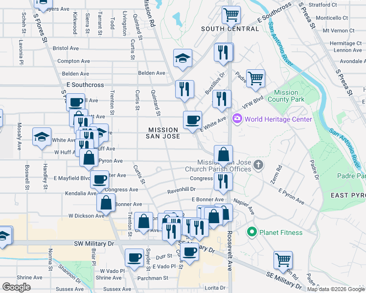 map of restaurants, bars, coffee shops, grocery stores, and more near 415 East Huff Avenue in San Antonio