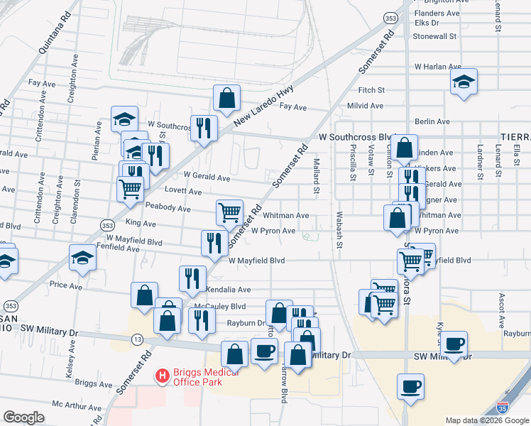 map of restaurants, bars, coffee shops, grocery stores, and more near 1222 Somerset Road in San Antonio