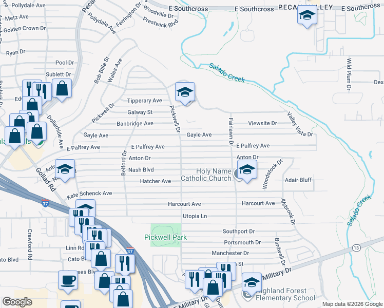map of restaurants, bars, coffee shops, grocery stores, and more near 427 Anton Drive in San Antonio
