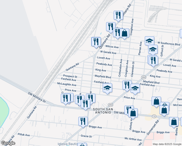 map of restaurants, bars, coffee shops, grocery stores, and more near 1819 West Mayfield Boulevard in San Antonio