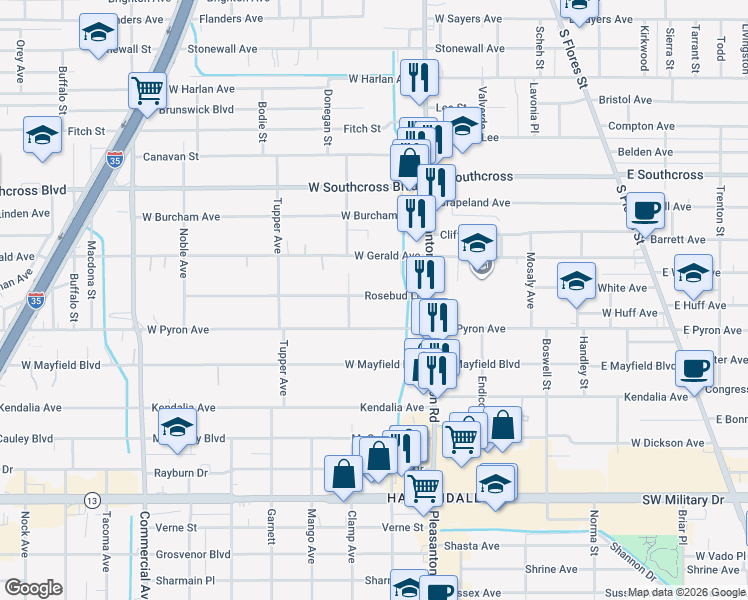 map of restaurants, bars, coffee shops, grocery stores, and more near 164 Rosebud Lane in San Antonio