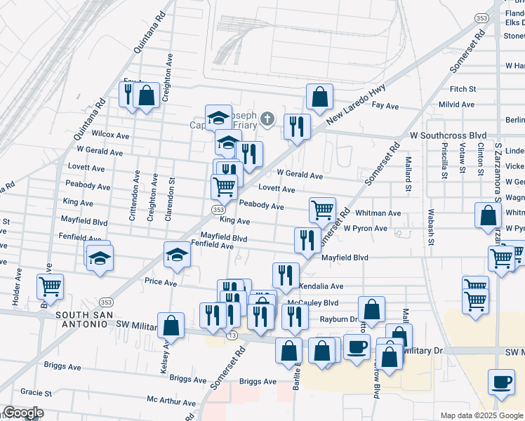 map of restaurants, bars, coffee shops, grocery stores, and more near 222 Peabody Avenue in San Antonio